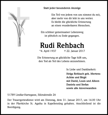 Anzeige von Rudi Rehbach von Kölner Stadt-Anzeiger / Kölnische Rundschau / Express