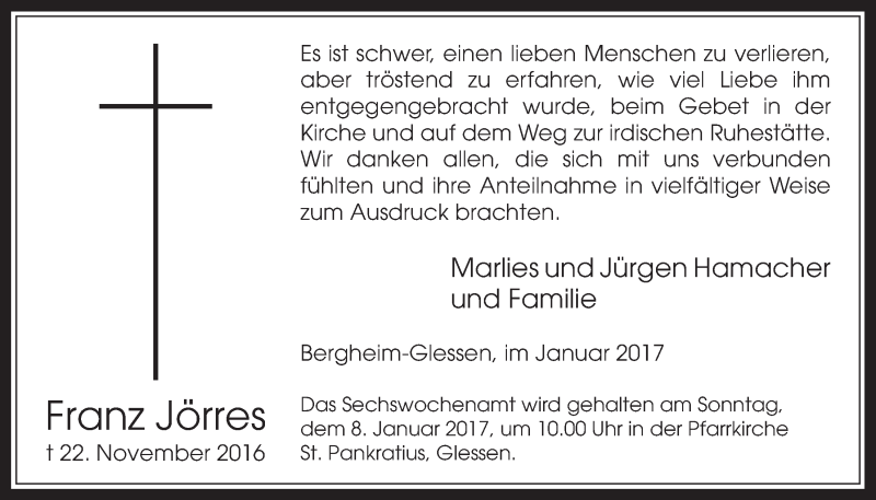  Traueranzeige für Franz Jörres vom 04.01.2017 aus  Werbepost 