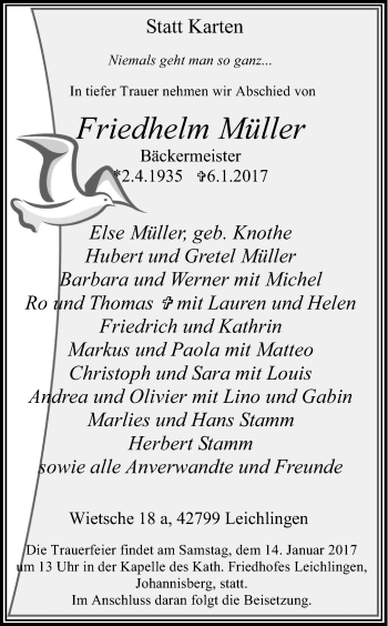 Anzeige von Friedhelm Müller von Kölner Stadt-Anzeiger / Kölnische Rundschau / Express