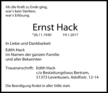 Anzeige von Ernst Hack von Kölner Stadt-Anzeiger / Kölnische Rundschau / Express