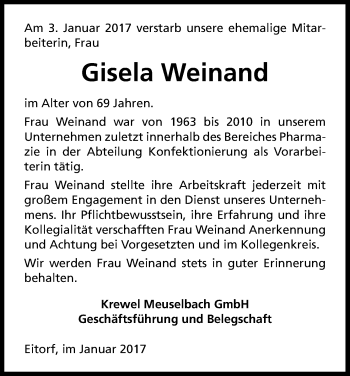 Anzeige von Gisela Weinand von Kölner Stadt-Anzeiger / Kölnische Rundschau / Express