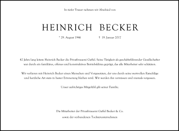 Anzeige von Heinrich Becker von Kölner Stadt-Anzeiger / Kölnische Rundschau / Express