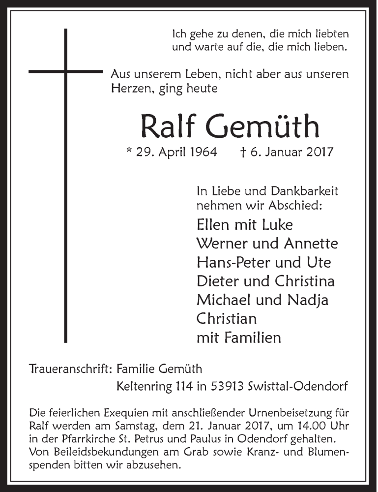  Traueranzeige für Ralf Gemüth vom 11.01.2017 aus  Schaufenster/Blickpunkt 