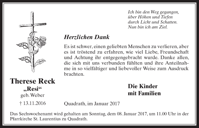  Traueranzeige für Therese Reck vom 04.01.2017 aus  Werbepost 