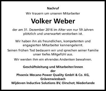 Anzeige von Volker Weber von Kölner Stadt-Anzeiger / Kölnische Rundschau / Express