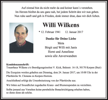 Anzeige von Willi Wilkens von  Sonntags-Post 