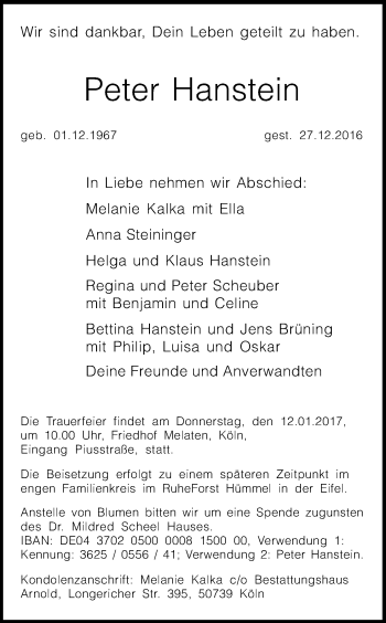 Anzeige von Peter Hanstein von Kölner Stadt-Anzeiger / Kölnische Rundschau / Express