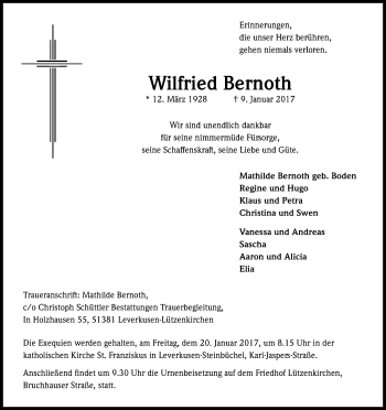 Anzeige von Wilfried Bernoth von Kölner Stadt-Anzeiger / Kölnische Rundschau / Express