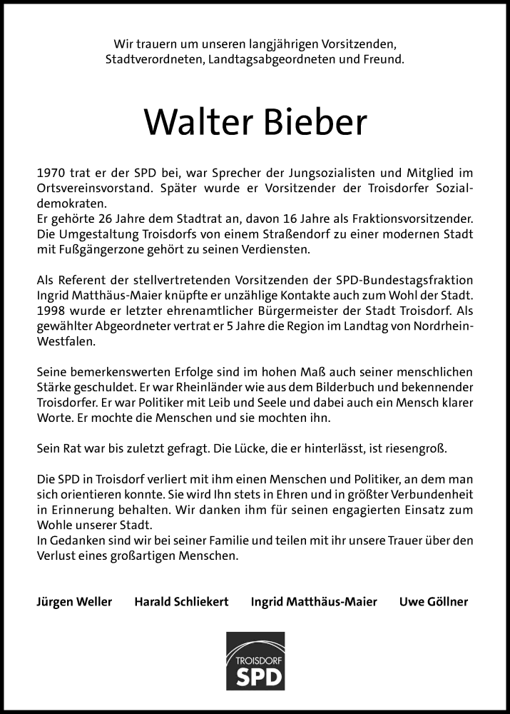  Traueranzeige für Walter Bieber vom 25.01.2017 aus Kölner Stadt-Anzeiger / Kölnische Rundschau / Express
