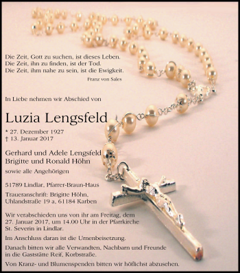 Anzeige von Luzia Lengsfeld von Kölner Stadt-Anzeiger / Kölnische Rundschau / Express
