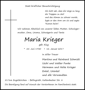 Anzeige von Maria Krieger von Kölner Stadt-Anzeiger / Kölnische Rundschau / Express