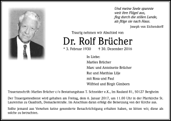 Anzeige von Rolf Brücher von Kölner Stadt-Anzeiger / Kölnische Rundschau / Express