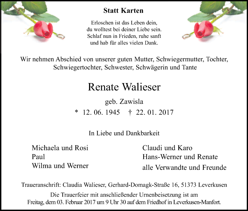  Traueranzeige für Renate Walieser vom 30.01.2017 aus Kölner Stadt-Anzeiger / Kölnische Rundschau / Express
