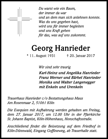 Anzeige von Georg Hanrieder von Kölner Stadt-Anzeiger / Kölnische Rundschau / Express