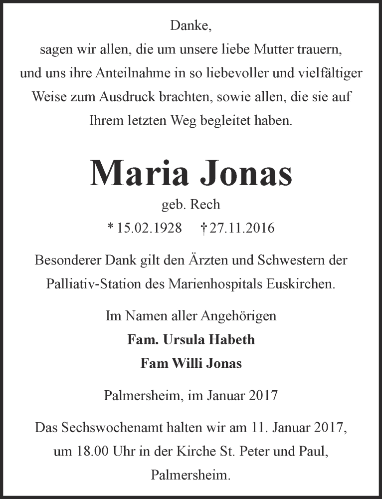  Traueranzeige für Maria Jonas vom 07.01.2017 aus  Blickpunkt Euskirchen 