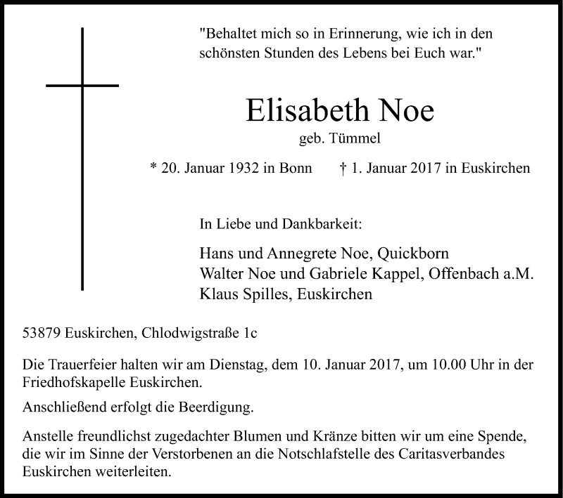  Traueranzeige für Elisabeth Noe vom 04.01.2017 aus Kölner Stadt-Anzeiger / Kölnische Rundschau / Express
