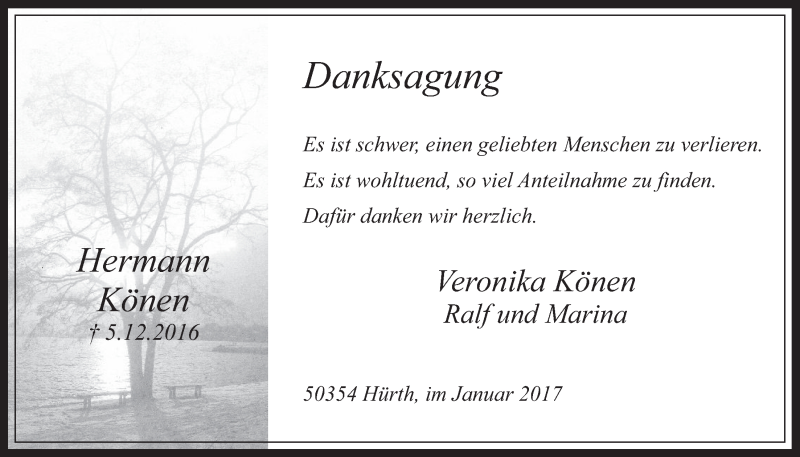  Traueranzeige für Hermann Könen vom 11.01.2017 aus  Wochenende 