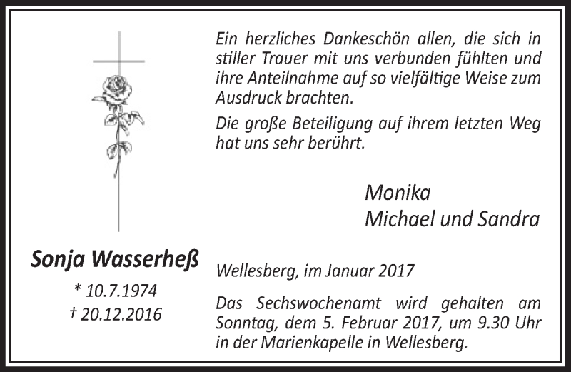  Traueranzeige für Sonja Wasserheß vom 18.01.2017 aus  Extra Blatt 