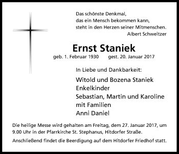 Anzeige von Ernst Staniek von Kölner Stadt-Anzeiger / Kölnische Rundschau / Express