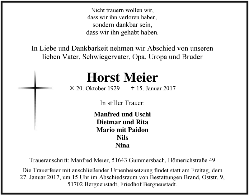  Traueranzeige für Horst Meier vom 25.01.2017 aus  Anzeigen Echo 