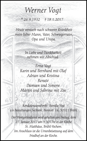 Anzeige von Werner Vogt von  Schlossbote/Werbekurier 