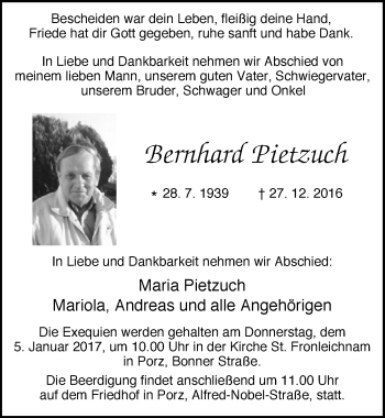 Anzeige von Bernhard Pietzuch von  Kölner Wochenspiegel 