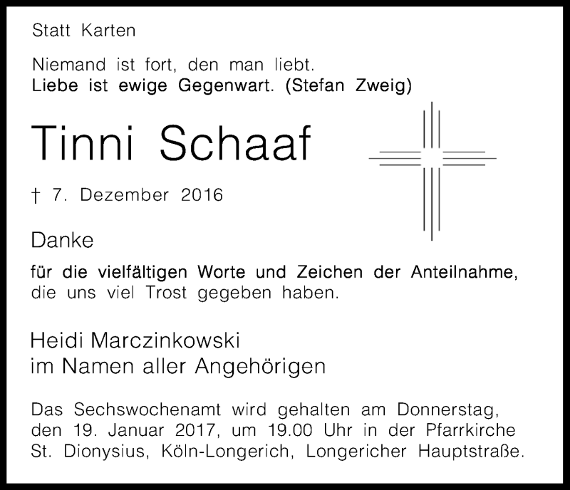  Traueranzeige für Tinni Schaaf vom 14.01.2017 aus Kölner Stadt-Anzeiger / Kölnische Rundschau / Express