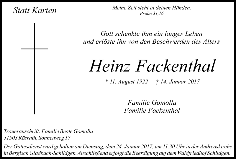  Traueranzeige für Heinz Fackenthal vom 21.01.2017 aus Kölner Stadt-Anzeiger / Kölnische Rundschau / Express