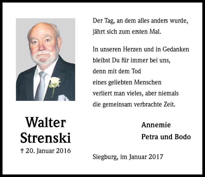  Traueranzeige für Walter Strenski vom 20.01.2017 aus Kölner Stadt-Anzeiger / Kölnische Rundschau / Express