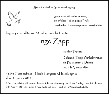 Anzeige von Inge Zapp von  Anzeigen Echo 