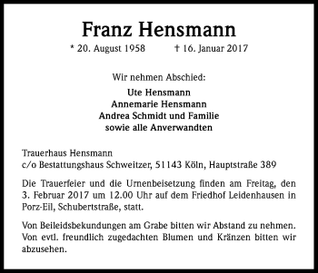 Anzeige von Franz Hensmann von Kölner Stadt-Anzeiger / Kölnische Rundschau / Express