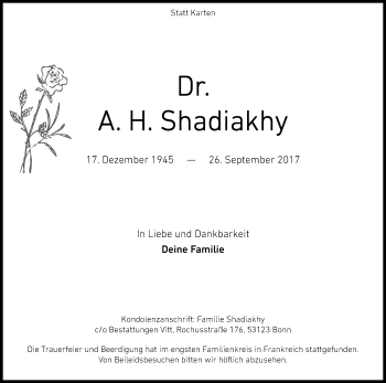 Anzeige von A Shadiakhy von Kölner Stadt-Anzeiger / Kölnische Rundschau / Express