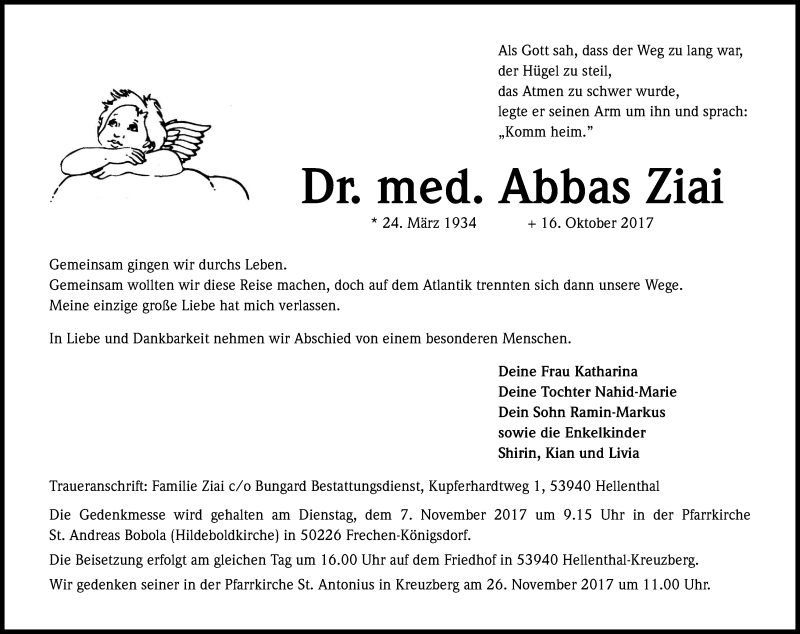  Traueranzeige für Abbas Ziai vom 28.10.2017 aus Kölner Stadt-Anzeiger / Kölnische Rundschau / Express