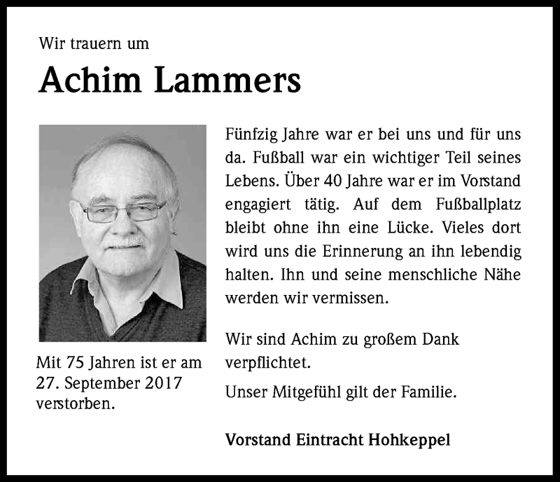  Traueranzeige für Achim Lammers vom 18.10.2017 aus Kölner Stadt-Anzeiger / Kölnische Rundschau / Express