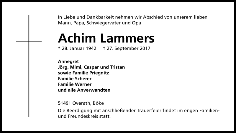  Traueranzeige für Achim Lammers vom 07.10.2017 aus Kölner Stadt-Anzeiger / Kölnische Rundschau / Express