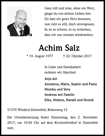 Anzeige von Achim Salz von Kölner Stadt-Anzeiger / Kölnische Rundschau / Express