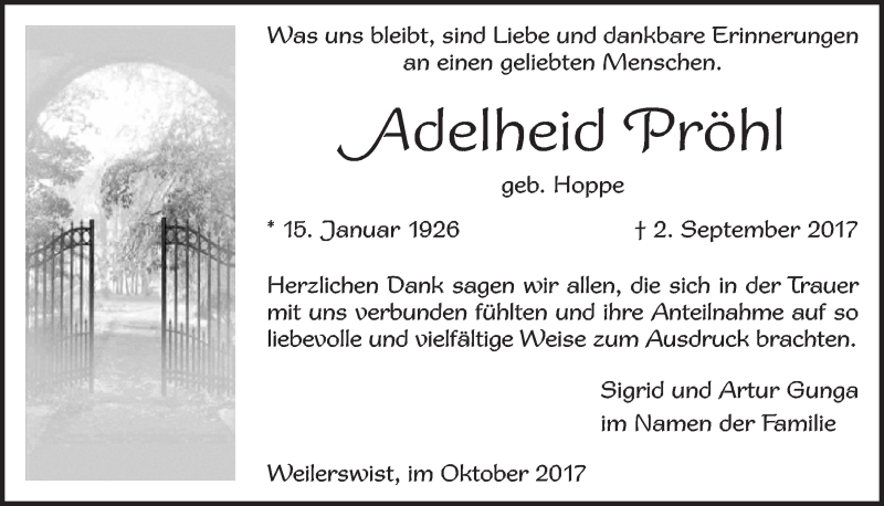  Traueranzeige für Adelheid Pröhl vom 07.10.2017 aus  Blickpunkt Euskirchen 