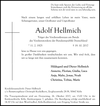 Anzeige von Adolf Hellmich von Kölner Stadt-Anzeiger / Kölnische Rundschau / Express