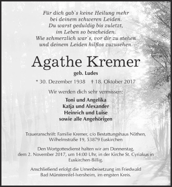 Anzeige von Agathe Kremer von  Blickpunkt Euskirchen 