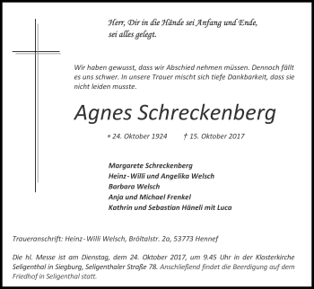 Anzeige von Agnes Schreckenberg von Kölner Stadt-Anzeiger / Kölnische Rundschau / Express