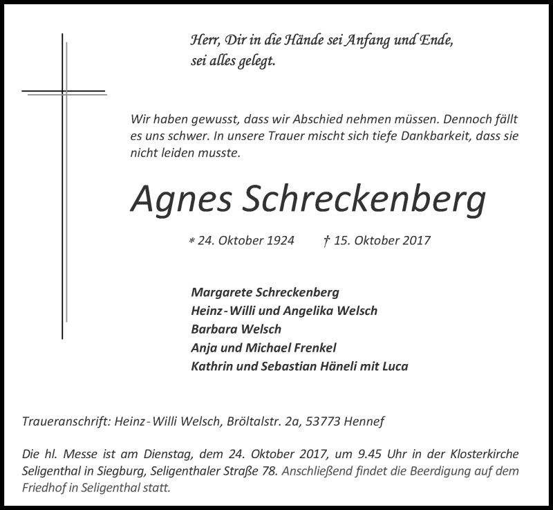  Traueranzeige für Agnes Schreckenberg vom 20.10.2017 aus Kölner Stadt-Anzeiger / Kölnische Rundschau / Express