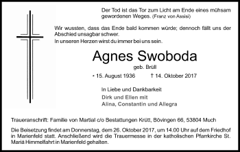 Anzeige von Agnes Swoboda von Kölner Stadt-Anzeiger / Kölnische Rundschau / Express