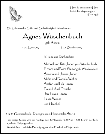 Anzeige von Agnes Wäschenbach von Kölner Stadt-Anzeiger / Kölnische Rundschau / Express