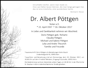 Anzeige von Albert Pöttgen von Kölner Stadt-Anzeiger / Kölnische Rundschau / Express