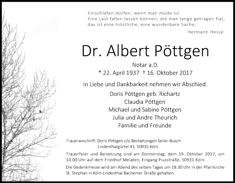  Traueranzeige für Albert Pöttgen vom 18.10.2017 aus Kölner Stadt-Anzeiger / Kölnische Rundschau / Express