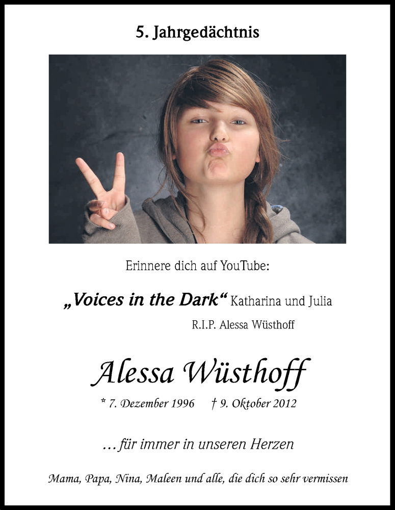  Traueranzeige für Alessa Wüsthoff vom 07.10.2017 aus Kölner Stadt-Anzeiger / Kölnische Rundschau / Express