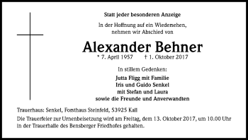 Anzeige von Alexander Behner von Kölner Stadt-Anzeiger / Kölnische Rundschau / Express