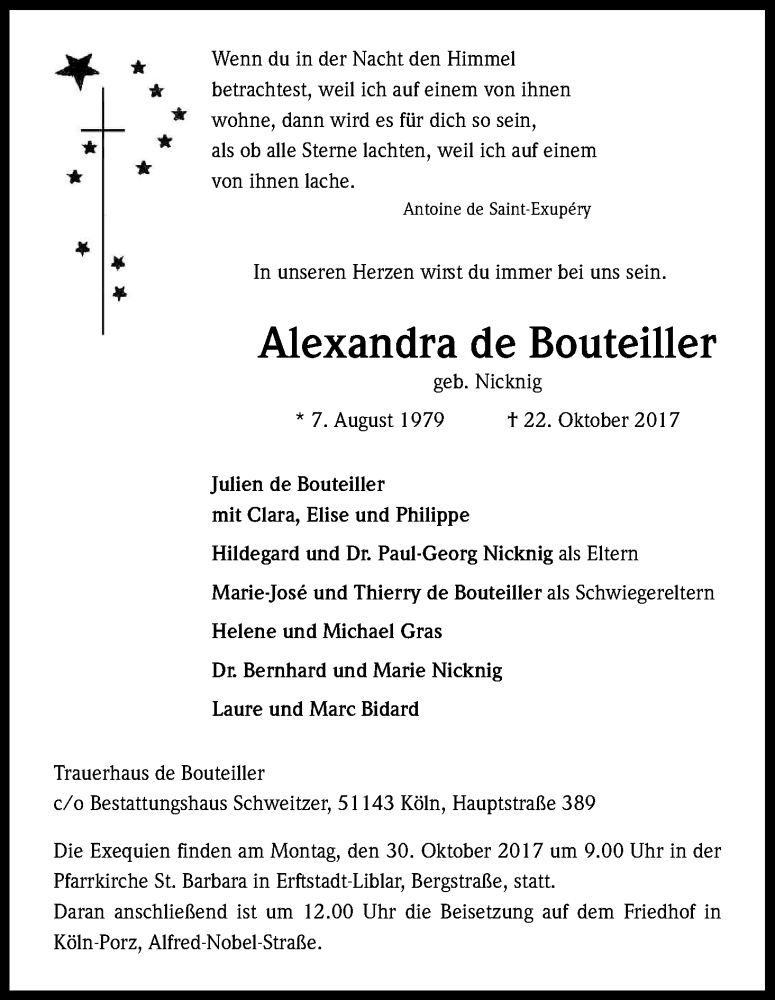  Traueranzeige für Alexandra de Bouteiller vom 28.10.2017 aus Kölner Stadt-Anzeiger / Kölnische Rundschau / Express