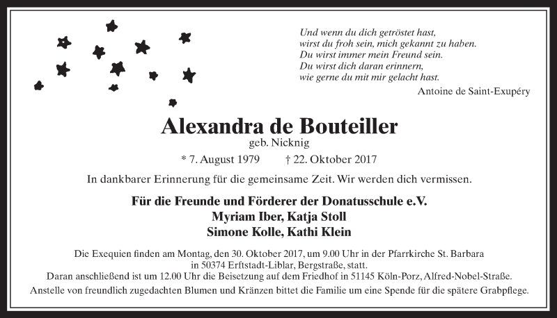 Traueranzeige für Alexandra de Bouteiller vom 28.10.2017 aus  Sonntags-Post 