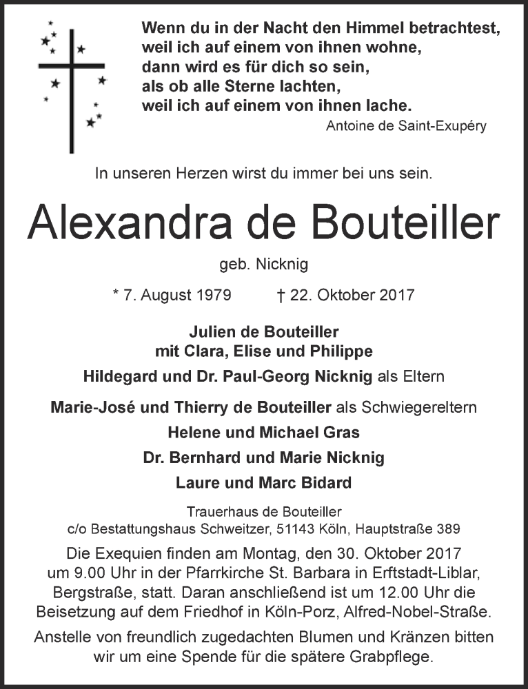  Traueranzeige für Alexandra de Bouteiller vom 25.10.2017 aus  Kölner Wochenspiegel 